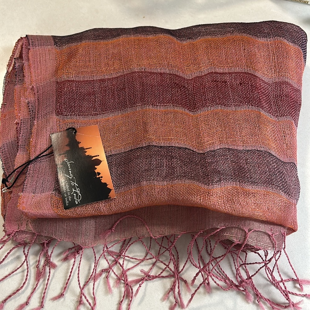 100% silk scarf sheet made in India pink black and peach tones stripe NWT